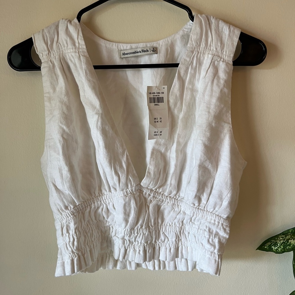 Abercrombie & Fitch White Sleeveless V-Neck Linen Crop Top